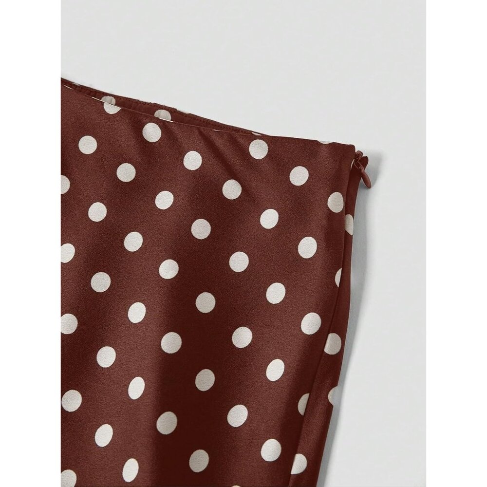 Women's Brown Waisted Long Silky Polka Dots A Line Flowing Elegant Midi Skirt - Picture 4 of 6